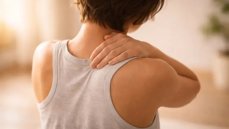 A woman seen from behind holding the back of her neck